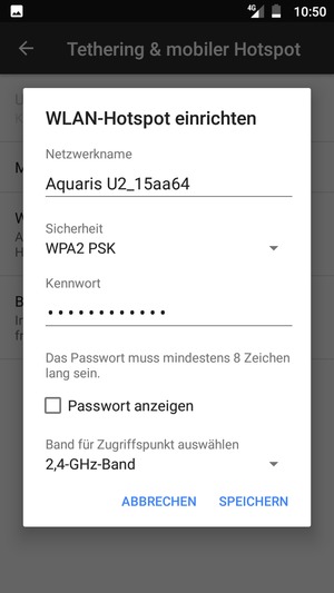 Geben Sie eine WLAN-Hotspot-Passwort mit mindestens 8 Zeichen ein und wählen Sie SPEICHERN