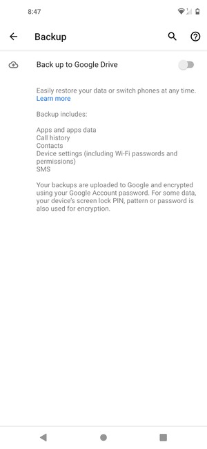 Turn on Back up to Google Drive