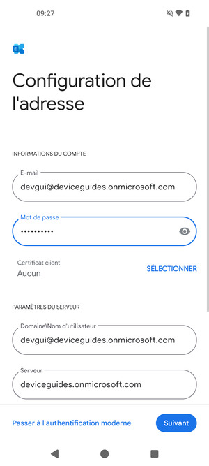 Saisissez votre Nom d'utilisateur et l'adresse du serveur Exchange. Sélectionnez Suivant