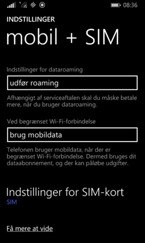 For at skifte netværk, hvis der opstår netværksproblemer, vælg Indstillinger for SIM-kort