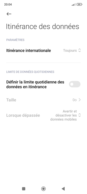 Sélectionnez Itinérance internationale