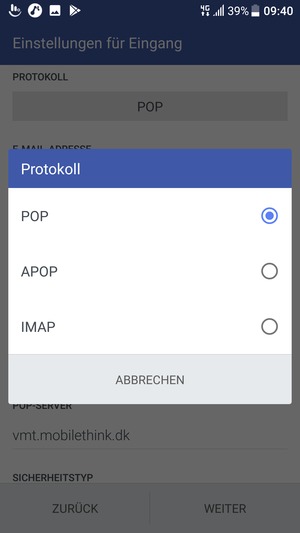 Wählen Sie POP oder IMAP 