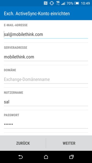 Geben Sie Exchange Server-Adresse und Benutzername ein. Wählen Sie WEITER