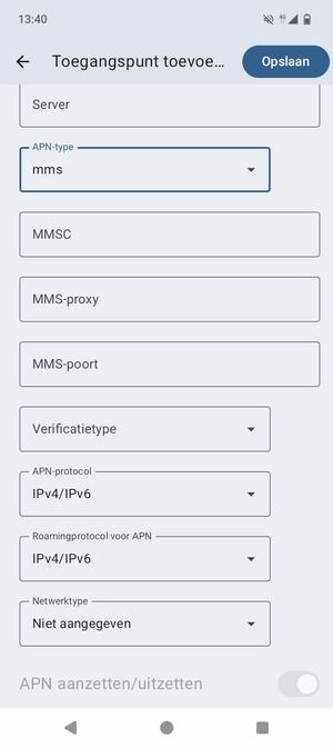 Scroll naar beneden en voer mms-gegevens in