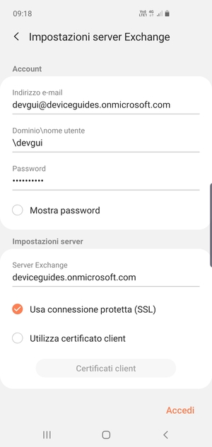 Inserisci Nome utente e l'indirizzo del server Exchange. Seleziona Accedi