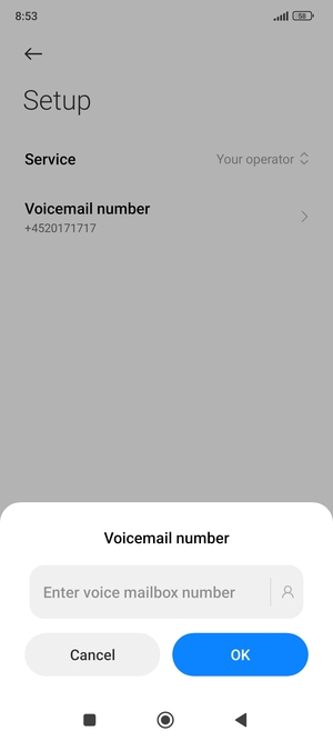 Enter the Voicemail number and select OK