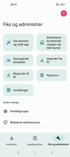 Velg Administrer kontaktinformasjon på SIM-kortet