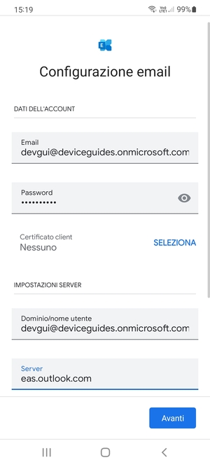 Inserisci Nome utente e l'indirizzo del server Exchange. Seleziona Avanti