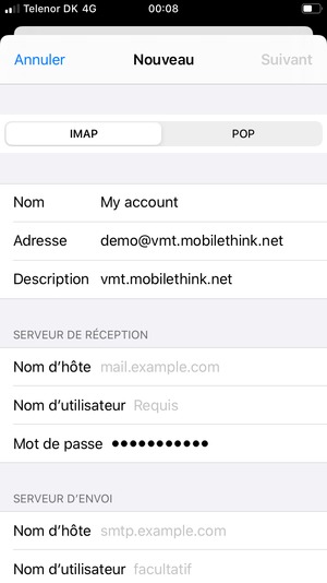 Sélectionnez POP ou IMAP et saisissez les informations e-mail pour SERVEUR DE RÉCEPTION