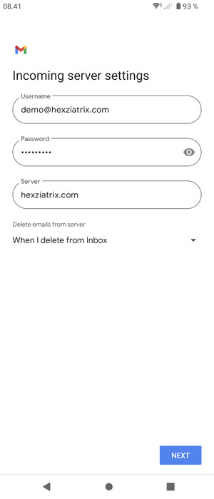 Enter Username and Incoming server address. Select NEXT