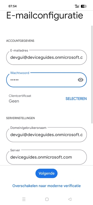 Voer Gebruikersnaam en Exchange serveradres in. Selecteer Volgende