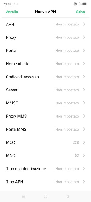 Scorri verso il basso e inserisci le informazioni degli internet