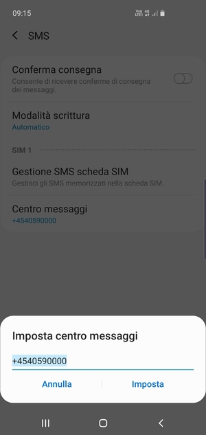 Inserisci il numero di Centro messaggi e seleziona Imposta