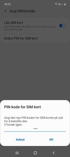 Bekreft din nye PIN-kode for SIM-kort og velg OK