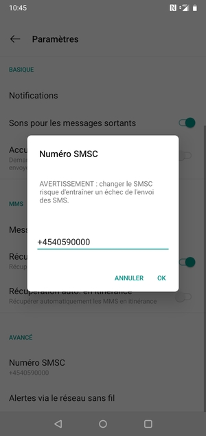 Saisissez le Numéro SMSC et sélectionnez OK