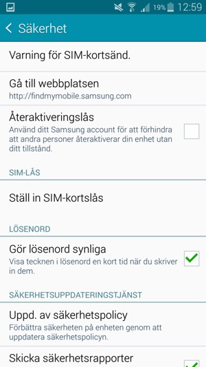 Scrolla till och välj Ställ in SIM-kortslås