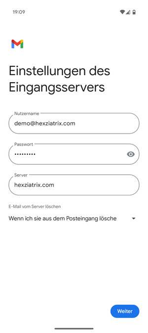 Geben Sie Benutzername und die Server-Adresse für eingehende Post ein. Wählen Sie Weiter