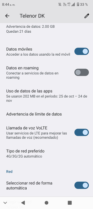 Desplácese  y seleccione Tipo de red preferido