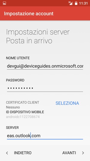 Inserisci Nome utente e l'indirizzo del server Exchange. Seleziona AVANTI