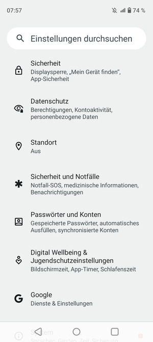 Scrollen Sie und wählen Sie Sicherheit