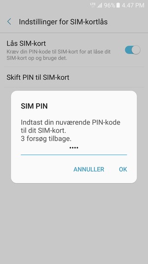 Indtast din Nuværende PIN-kode til SIM-kort og vælg OK