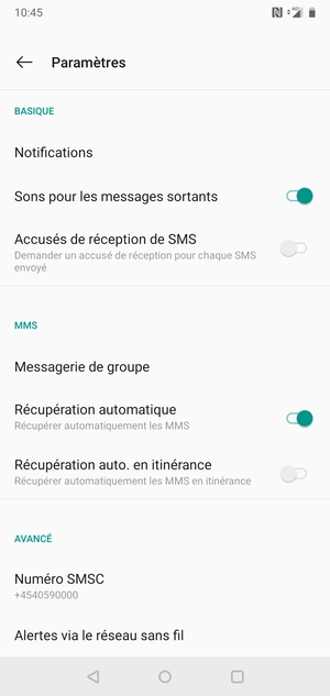 Sélectionnez Numéro SMSC