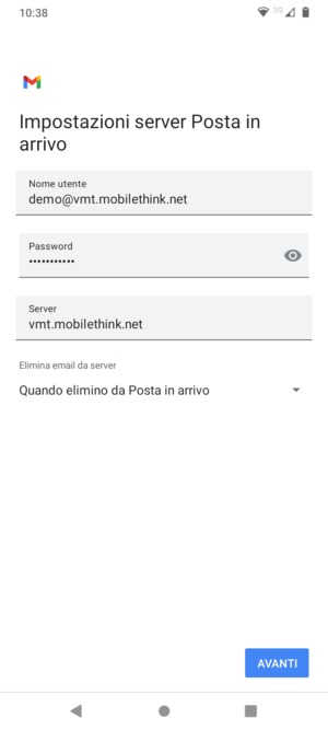 Inserisci Nome utente e l'indirizzo del server di posta in arrivo. Seleziona AVANTI