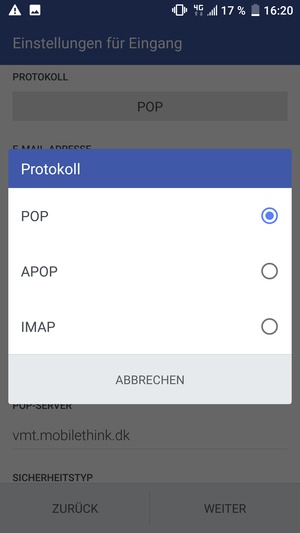 Wählen Sie POP oder IMAP