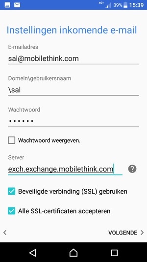Voer Gebruikersnaam en Exchange serveradres in. Selecteer VOLGENDE