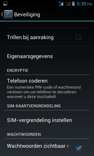 Om de pin voor de simkaart te wijzigen, keert u terug naar het menu Beveiliging en selecteert u SIM-vergrendeling instellen