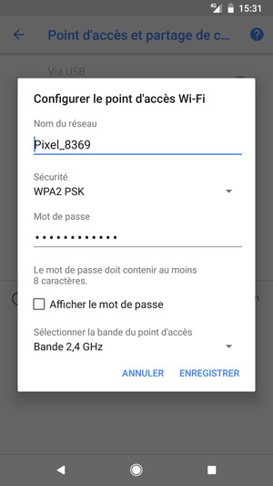 Saisissez un mot de passe de hotspot Wi-Fi d'au moins 8 caractères et sélectionnez ENREGISTRER
