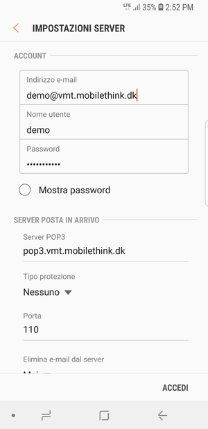 Inserisci Nome utente e l'indirizzo del server di posta in arrivo