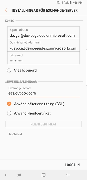 Ange Användernamn och Exchange serveradress. Välj LOGGA IN