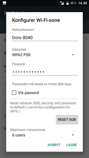 Skriv inn et Wi-Fi hotspot-passord på minst 8 tegn og velg LAGRE