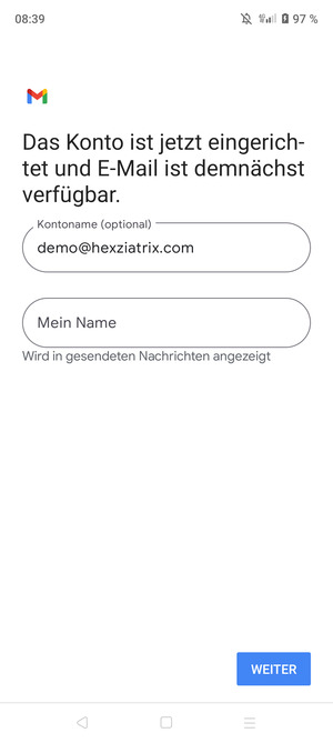 Geben Sie Ihrem Konto einen Namen und geben Sie Ihren Namen ein. Wählen Sie WEITER
