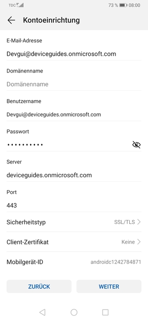 Geben Sie die Exchange-Server-Adresse ein und wählen Sie WEITER