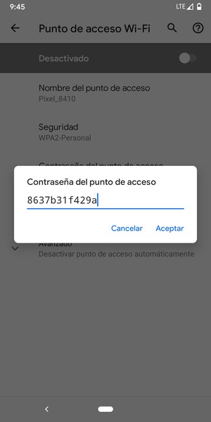 Introduzca una contraseña de punto de acceso Wi-Fi de al menos 8 caracteres y seleccione Aceptar
