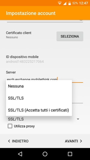 Seleziona SSL/TLS (Accetta tutti i certificati) e poi AVANTI