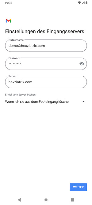 Geben Sie Benutzername und die Server-Adresse für eingehende Post ein. Wählen Sie WEITER