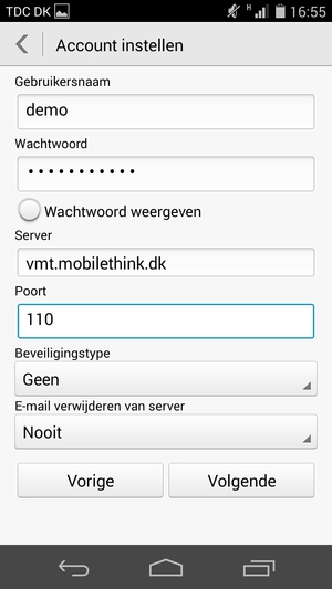Voer Gebruikersnaam en binnenkomend serveradres in. Selecteer Volgende