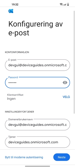 Skriv inn Brukernavn og Exchange serveradresse. Velg Neste