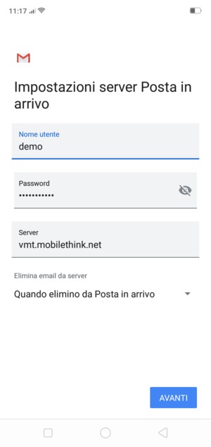 Inserisci Nome utente e l'indirizzo del server di posta in arrivo. Seleziona AVANTI