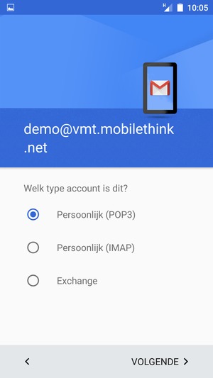 Selecteer Persoonlik (POP3) of Personlijk (IMAP) en selecteer VOLGENDE