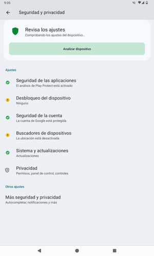 Para activar su bloqueo de pantalla, vaya al menú Seguridad y privacidad y seleccione Desbloqueo del dispositivo
