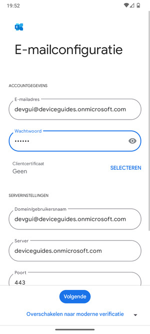 Voer Gebruikersnaam en Exchange serveradres in. Selecteer Volgende