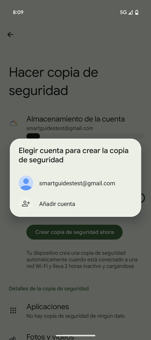 Seleccione su cuenta de copia de seguridad