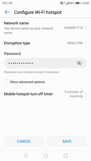 Enter a Wi-Fi hotspot password of at least 8 characters and select SAVE