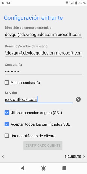 Introduzca Nombre de usuario y la dirección de servidor Exchange. Seleccione SIGUIENTE