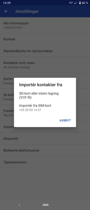 Velg Importér fra SIM-kort
