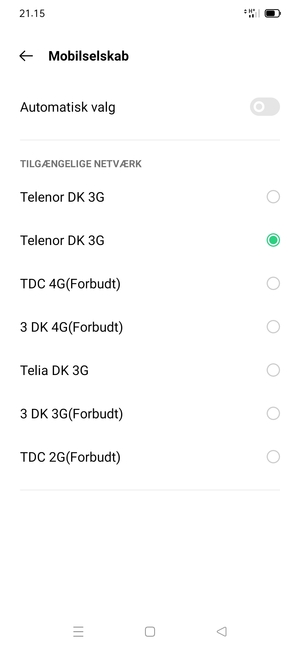 Vælg en netværksudbyder fra listen